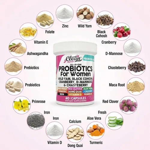 Miniatura 4 de Clean Nutraceuticals Probióticos para mujeres con D manosa, extracto de arándano, ñame silvestre, chasteberry – 20 cepas probióticas y prebióticas