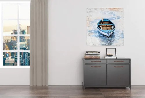 Miniatura 7 de YHSKY ARTS Lienzo decorativo para pared de bote de remos azul sereno: calma costera para la decoración de tu hogar