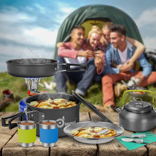 Miniatura 9 de Odoland 15pcs Camping Cookware Mess Kit, Non-Stick Lightweight Pot Pan Kettle Set with Stainless Steel Cups Plates Forks Knives Spoons for Camping