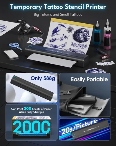 Miniatura 6 de Impresora inalámbrica de plantillas de tatuaje 2025 con 10 piezas de papel de transferencia, máquina impresora de tatuajes para artistas de tatuajes