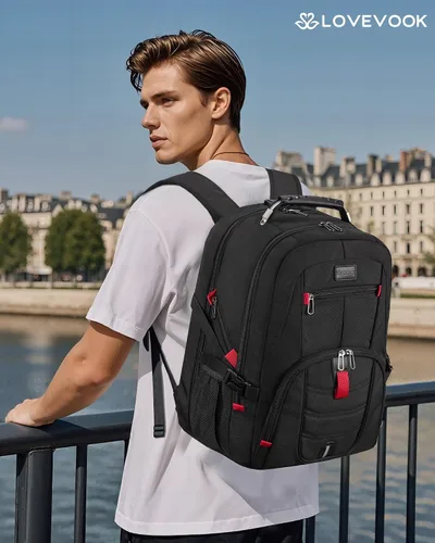 Miniatura 7 de LOVEVOOK Mochila grande de viaje y para laptop, impermeable, antirrobo, con cerradura y puerto de carga USB, para negocios, hombres, mujeres, Negro