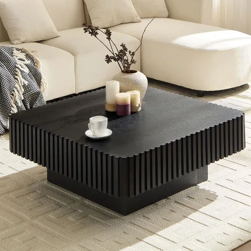 Miniatura 9 de Mesa de Centro Cuadrada de 35.43'' para Sala de Estar Mesa de Centro Acanalada Mesa Central Moderna con Pedestal para Apartamento Negro