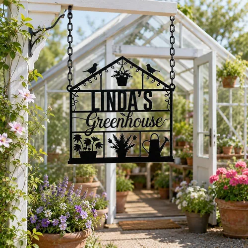 Miniatura 3 de Letrero personalizado de jardín de invernadero, placa de metal personalizada con nombre de jardín con acabado rústico, arte de patio al aire libre