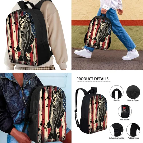 Miniatura 4 de Paquete de 3 bolsas escolares con estampado de bandera estadounidense para niños, mochila de gran capacidad para laptop, con cremallera, estuche
