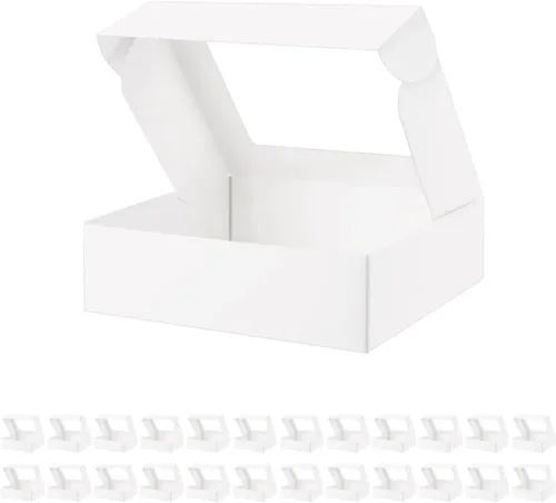 25 cajas blancas de panadería con ventana, cajas para pasteles de 9 x 7 x 2.5 pulgadas con ventana, cajas de golosinas para panadería pequeña,