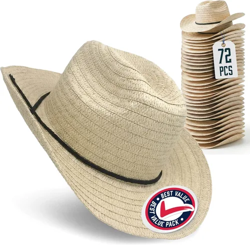 Miniatura 14 de Podzly Sombreros de vaquero de paja, paquete de 12 unidades, circunferencia de 24 pulgadas, estilo occidental para hombres y mujeres, sombreros
