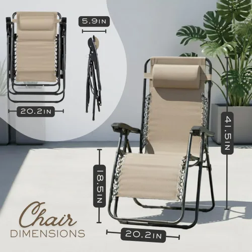Miniatura 2 de Sillón ajustable de gravedad cero con tela de malla de acero: silla de césped reclinable con almohada cómoda, bandeja portavasos, y posiciones Beige