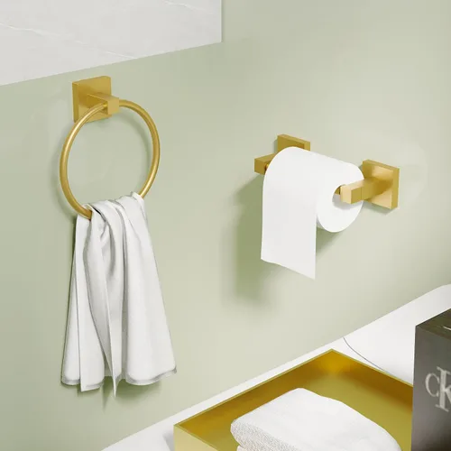 Miniatura 3 de Ruacq Soporte de papel higiénico de oro cepillado con anillo para toalla, accesorios de baño, juego de herrajes, doble poste pivotante, soporte