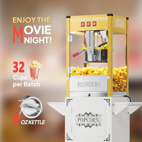 Miniatura 3 de Máquina de palomitas de maíz ROVSUN con carrito, ruedas y hervidor de 8 oz, hace hasta 32 tazas, certificada ETL, máquina de palomitas de maíz