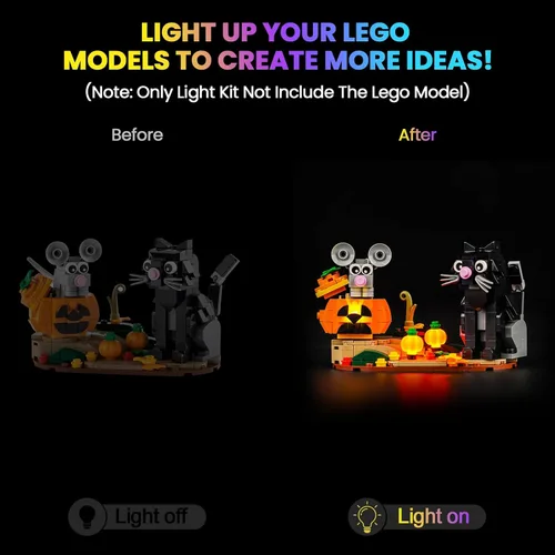 Miniatura 2 de Kit de luces LED mejorado compatible con LEGO Halloween Cat & Mouse Building Set, decoración de luces compatible con LEGO 40570, el mejor regalo