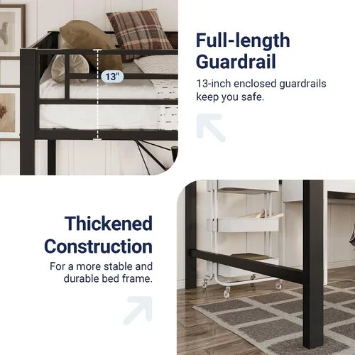Miniatura 4 de Allewie Marco de cama de metal tamaño individual con escaleras y barandilla, muebles pequeños que ahorran espacio para dormitorio, habitación