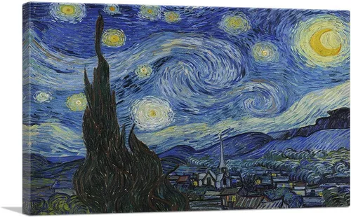 ARTCANVAS The Starry Night - Lienzo decorativo rectangular de 1889, pintura enmarcada estirada, póster giclée, decoración de pared por Vincent Van