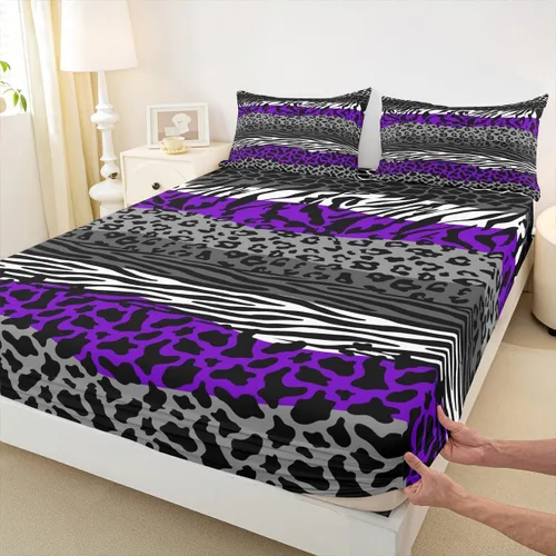 Miniatura 19 de Sábana bajera ajustable con estampado de leopardo, tamaño individual, juego de ropa de cama rústica con rayas de piel de cebra, decoración