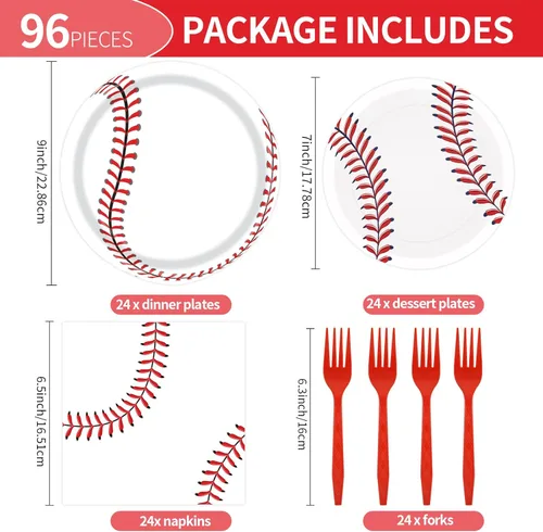 Miniatura 2 de 96 platos de papel de béisbol y servilletas para fiesta, platos de fiesta de béisbol, servilletas y tenedores, juego de vajilla desechable