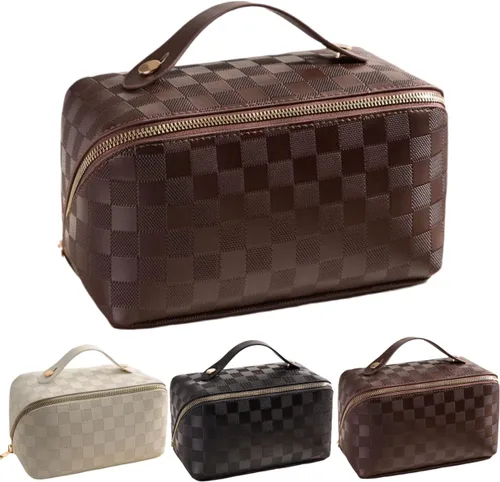 Miniatura 25 de Bolsas de maquillaje a cuadros de gran capacidad, bolsas de cosméticos portátiles de viaje, bolsa de aseo abierta y plana para mujeres y niñas