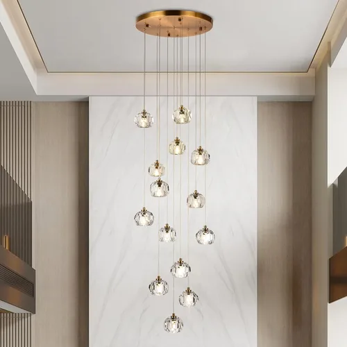 Miniatura 10 de Lámpara colgante de cristal de prisma de 3 luces, moderna lámpara colgante de cristal ahumado de 9 W, iluminación colgante de techo redondo triple