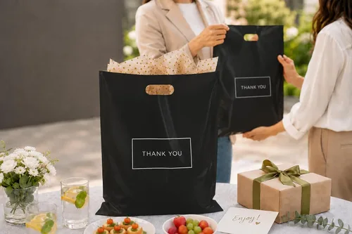 Miniatura 5 de Purple Q Crafts Bolsas de compras de plástico negras con asas, bolsas de agradecimiento para tiendas minoristas, grandes de 16 x 18 pulgadas