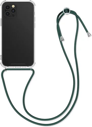kwmobile Funda cruzada compatible con Apple iPhone 12 Pro Max, funda transparente de TPU con correa de cable, color verde oscuro/transparente