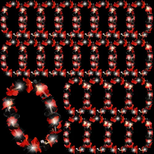 Miniatura 24 de Sherr 24 piezas Collares de leis LED iluminados, collares de flores hawaianas con luces LED para bodas, playa, tropical, carnaval, suministros