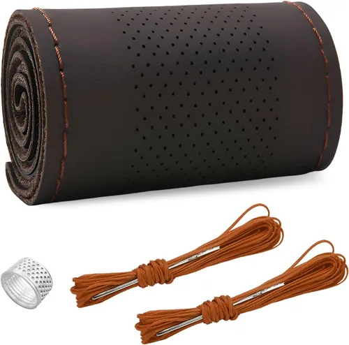 Miniatura 28 de Ziciner - Funda de cuero genuino para volante, transpirable, antideslizante, protector de volante de automóvil para un diámetro máximo de 15 Negro