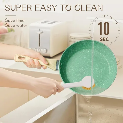 Miniatura 5 de Innerwell Sartén antiadherente de 9.5 pulgadas, de aluminio, no tóxica, libre de PTFE y PFOA, adecuada para todos los tipos de estufa, fácil de Verde