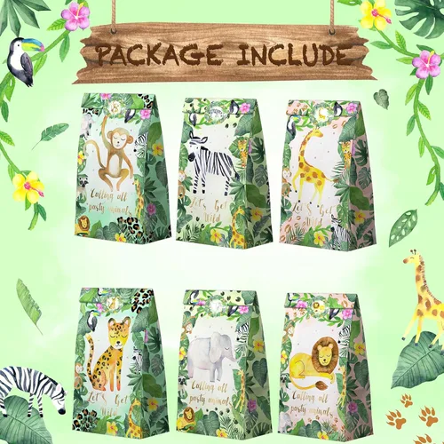 Miniatura 3 de Bolsas de Recuerdos de Fiesta Safari Acuarela - 24 Piezas Bolsas de Dulces de Fiesta de la Selva con Calcomanías - Bolsas de Regalo de Golosinas