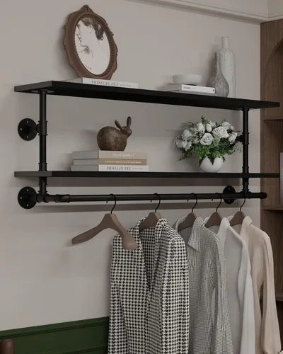 Miniatura 15 de Perchero negro de 36 pulgadas, perchero montado en la pared con estante de madera real negra, perchero colgante resistente, barra para colgar