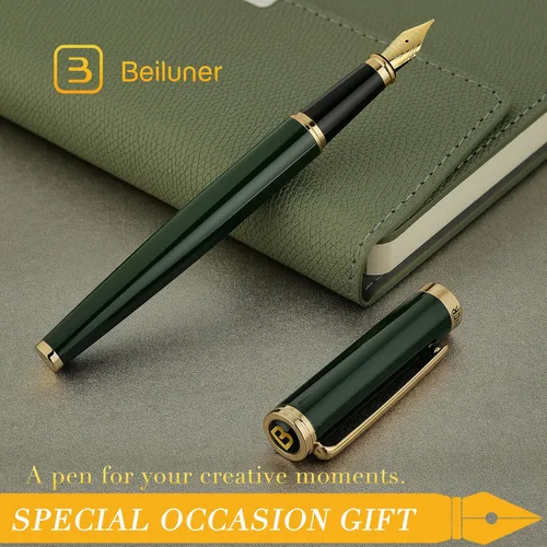 Miniatura 7 de BEILUNER Pluma estilográfica verde racing, impresionantes plumas de lujo con acabado de oro de 24 quilates, hermosa plumilla dorada de 24 quilates
