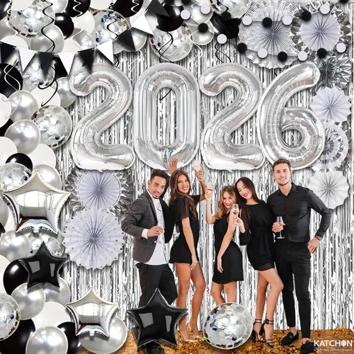 Miniatura 5 de KatchOn, Enormes suministros para fiesta de Nochevieja 2026 – Paquete enorme de 154 Telón de fondo de flecos plateados Globos 2026 Globos
