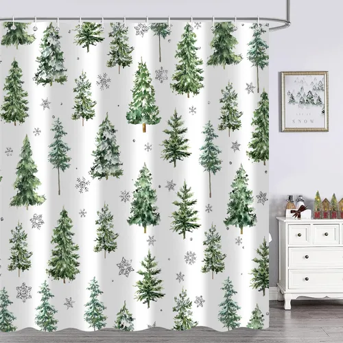 Miniatura 4 de Cortina de ducha de Navidad con diseño de pino, cortinas de baño decorativas estilo granja retro de acuarela, invierno, copos de nieve, verde, tela