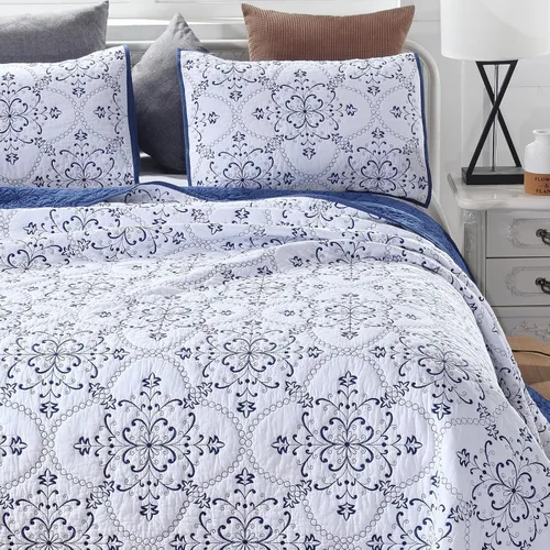 Miniatura 53 de Juego de edredón azul floral con patrón de bordado 3D de 2 piezas, 100% algodón, reversible, acolchado bordado decorativo, cubrecamas, juego