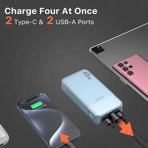 Miniatura 3 de JUOVI Banco de Energía, Cargador Portátil de 20000mAh 45W, Carga Rápida PD3.0 QC4.0 con Pantalla LED, 2 USB-C, 2 USB-A, Paquete de Batería para Azul