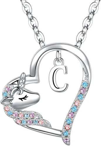 Miniatura 58 de Anoup Collar con inicial de unicornio, chapado en oro de 14 quilates, hipoalergénico con circonita cúbica, colgante de diamante simulado, joyería