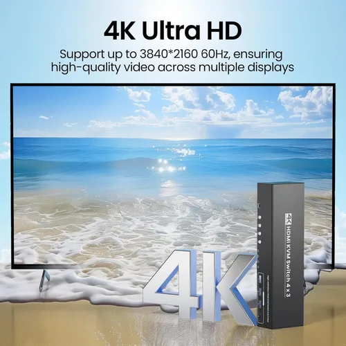 Miniatura 3 de Conmutador KVM HDMI de tres monitores USB 3.0, 4K60Hz 4 puertos HDMI KVM Switch 3 Monitores 4 Computadoras, 4 PC Share 1 Juego de teclado, ratón, 3