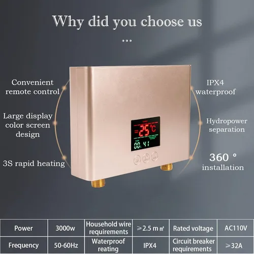Miniatura 2 de Calentador de agua eléctrico sin tanque de 110 V 3000 W bajo fregadero bajo demanda calentador de agua caliente instantáneo para cocina baño lavado
