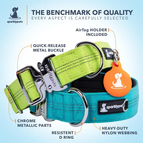 Miniatura 3 de SparklyPets Collar de perro ancho de servicio pesado con hebilla cromada de liberación rápida, collar táctico grueso para perro con rayas Azul