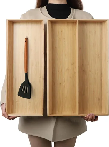 Organizador de Cajones de Bambú en Forma de V de 2 Piezas - Ideal para Vajilla Grande y Larga de Cocina, Utensilios de Cocina, Cubiertos, Vajilla -