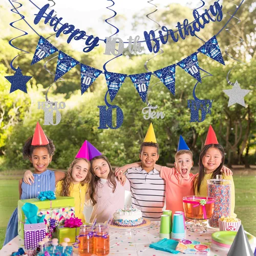 Miniatura 6 de Decoración de cumpleaños número 10 azul y plateado para niños y niñas, cartel de feliz cumpleaños número 10, estrellas de diez años, espirales