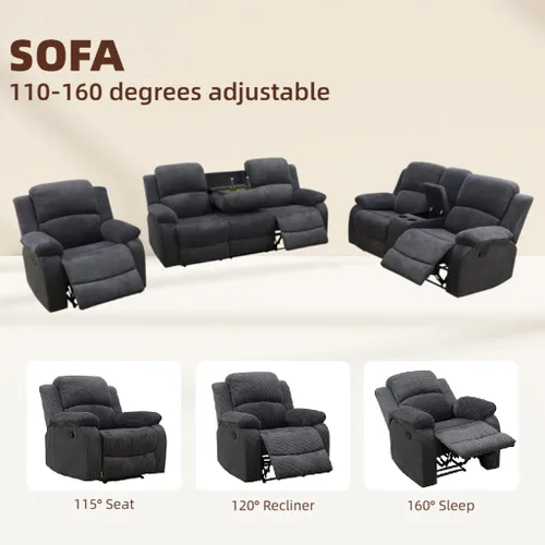 Miniatura 3 de Juego de sofá reclinable manual, juego de sofá reclinable de pana, juego moderno de muebles para sala de estar, sofá reclinable con silla para sala