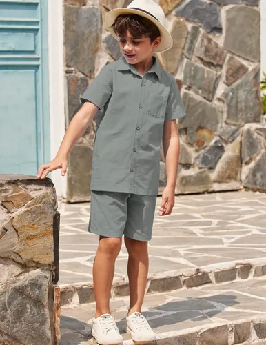 Miniatura 5 de COOFANDY Conjunto de 2 piezas de lino de manga corta con botones y pantalones cortos para niño