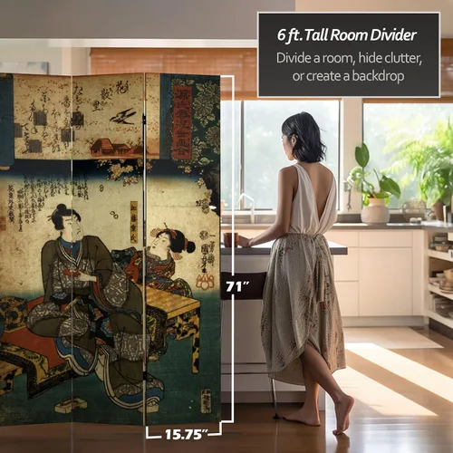 Miniatura 5 de Red Lantern Divisor de habitación de lona inspirado en la dinastía de doble cara de 6 pies de alto, figuras japonesas