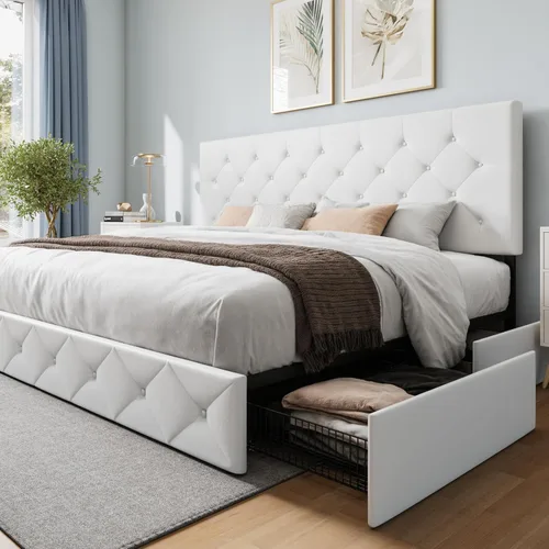 Miniatura 12 de WEEWAY Base de cama de plataforma tamaño Queen con 4 cajones de almacenamiento, cabecera capitonada con botones de puntada cuadrada, base de colchón
