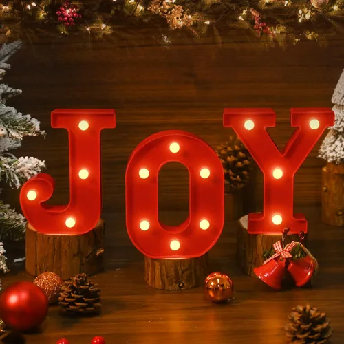 EDYCON Letrero de Luces con Letras de Navidad Decoraciones de Mesa Letras LED de Navidad con Luz a Pilas para Hogar Bar Fiesta de Navidad Dormitorio