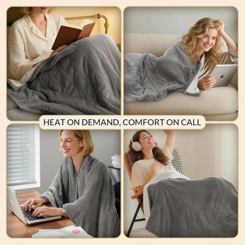 Miniatura 6 de Manta calefactora HOMLYNS LuxeHeat, de franela suave y sherpa, manta eléctrica con 5 ajustes de calor, calentamiento rápido, manta calefactora