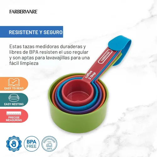Miniatura 2 de FARBERWARE Juego de tazas medidoras de 5 piezas con cuchara de café, tazas medidoras de plástico duradero con marcas de fácil lectura, sin BPA, apto