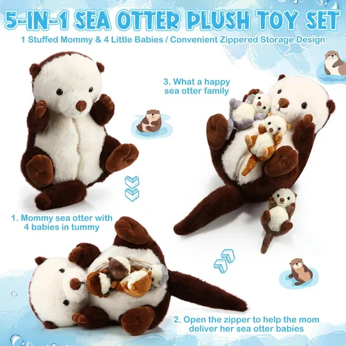 Miniatura 3 de Shappy 5 Piezas Animales de Peluche de Nutria Marina Grande Mamá Nutria Marina de Peluche con 4 Lindos Bebés en su Vientre con Cremallera Peluches