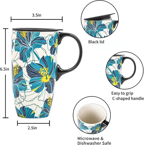 Miniatura 8 de DUSVALLY Taza de Café de Cerámica Taza Alta con Tapa, Taza de Té de Porcelana con Asa para Café con Leche, Capuchino y Cacao, Tazas de Café