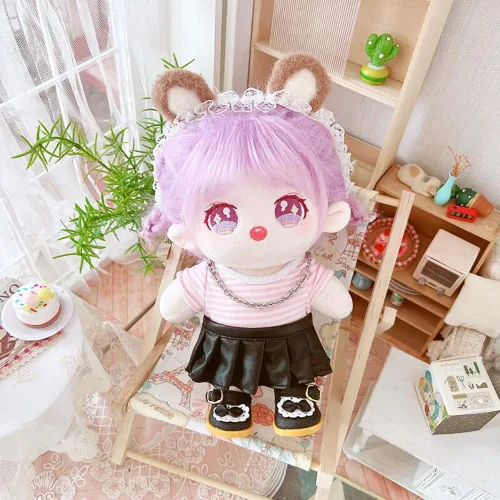 Miniatura 3 de niannyyhouse Muñeca de peluche de 7.9 in, chaqueta de piel, falda a rayas, camiseta de 8 pulgadas, ropa de muñeca de peluche (A-Girl)