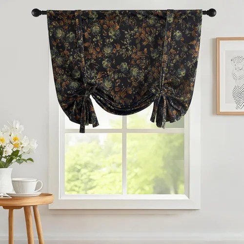 StangH Cortinas florales negras para ventana de cocina, decoración vintage de terciopelo con lazo para barra, bolsillo para barra, cortina ajustable