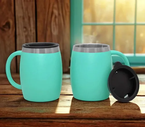 Miniatura 3 de Juego de 2 tazas de café aisladas de acero inoxidable (14 onzas) de doble pared con tapa y asa resistentes a derrames, tazas inastillables